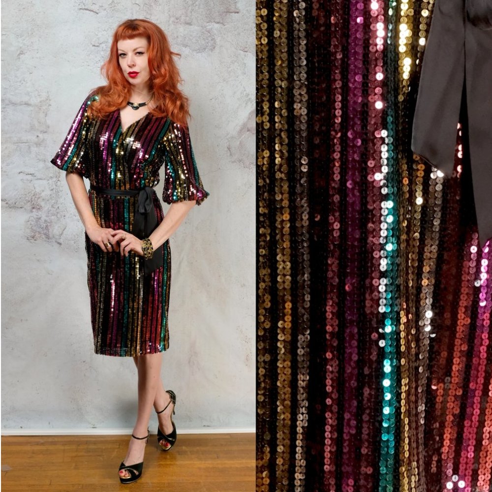 1990s Does 1970s Sequenced Midi Faux Wrap Dress - image 1